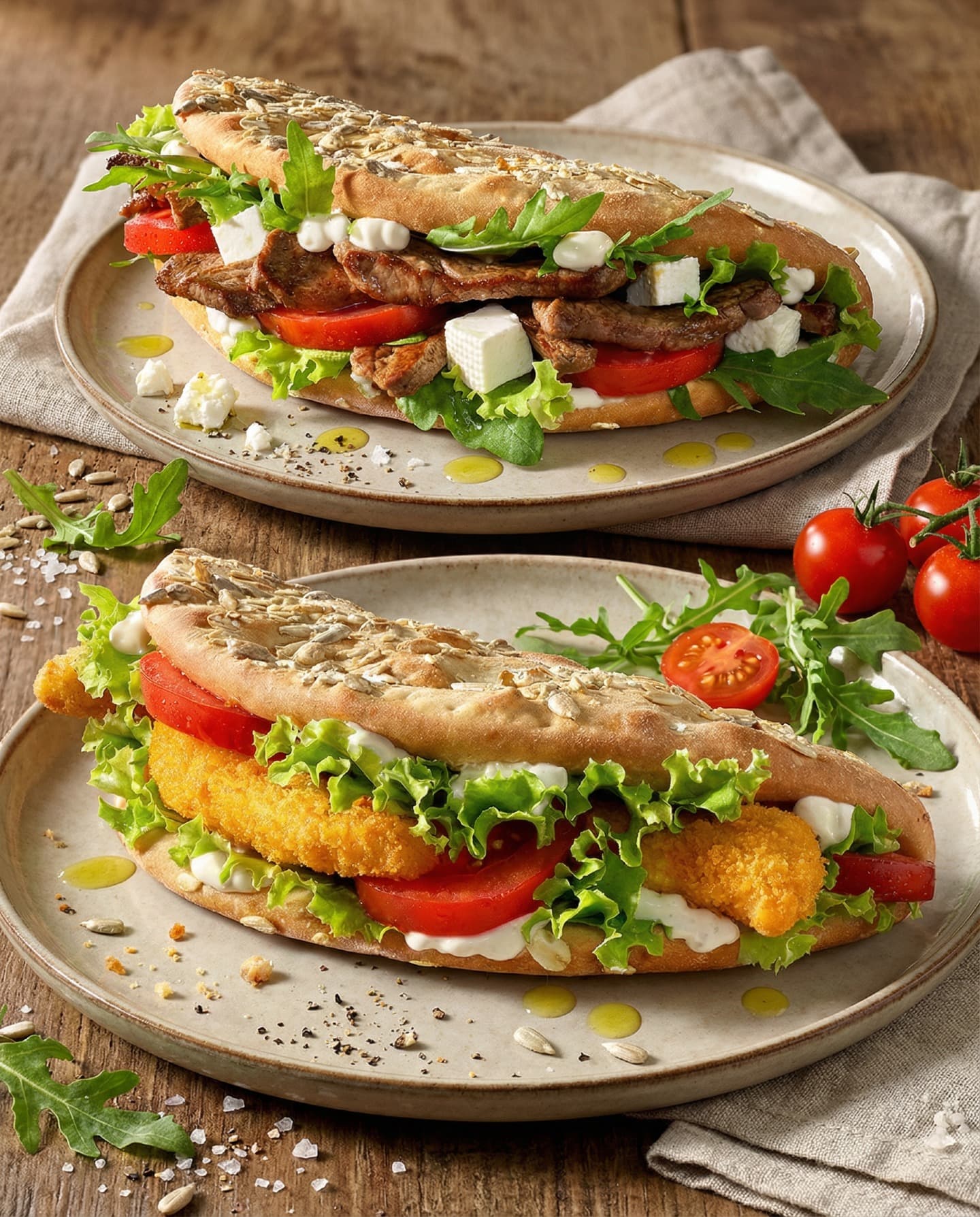 Zwei Fladenbrot-Sandwiches mit Gyros-Fleisch und Hähnchen-Nuggets